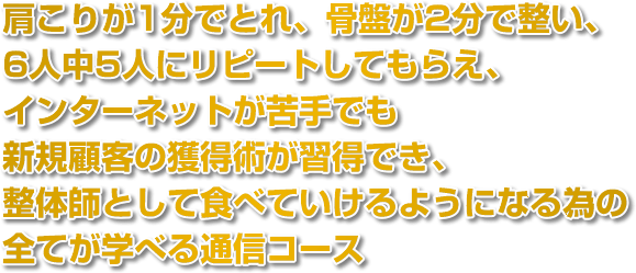 肩こりが1分でとれ、骨盤が2分で整い、6人中5人にリピートしてもらえ、インターネットが苦手でも新規顧客の獲得術が習得でき、整体師として食べていけるようになる為の
全てが学べる通信コース